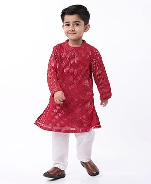 Babyhug Woven Full Sleeves Sequinned Kurta Pyjama Set - Red