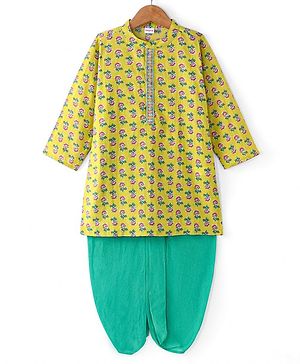 Babyhug Cambric Woven Full Sleeves Kurta Dhoti Set Floral Print - Lime