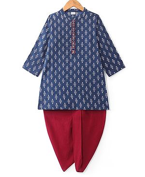 Babyhug Cambric Woven Full Sleeves Floral Printed Kurta Dhoti Set - Indigo