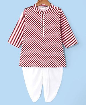 Babyhug Cambric Full Sleeves Striped Kurta Dhoti Set - Red & White