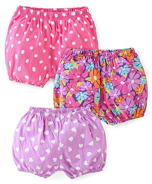 Babyhug 100% Cotton Knit  Bloomers with Polka Dots Heart & Floral Print  Pack of 3 - Pink & Purple