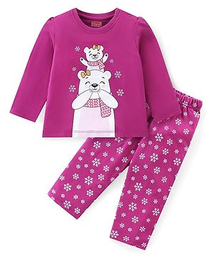 Babyhug Cotton Knit Full Sleeves Night Suit with Snow Bear & Flakes Print - Purple
