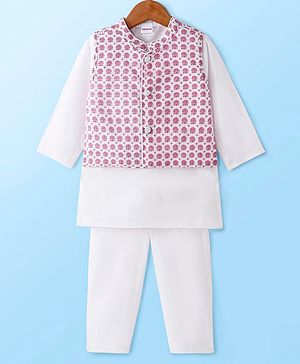 Babyhug Cambric Woven Solid Dhoti Kurta Set with Floral Printed Nehru Jacket - Pink & White