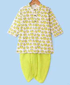 Babyhug Cambric Woven Full Sleeves  Elephant Printed Dhoti Kurta Set - White & Yellow