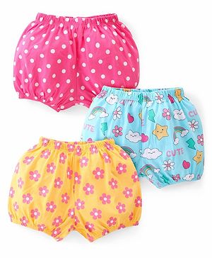 Babyhug 100% Cotton Knit Bloomers Polka Dots & Floral Print Pack of 3 - Pink Yellow & Blue
