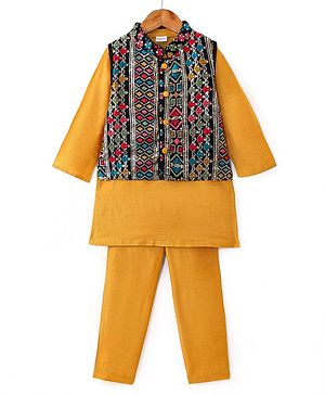 Babyhug Woven Full Sleeves Solid Colour Kurta Pyjama Set with Sequined Embroidered Nehru  Jacket - Mustard