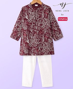 Babyhug Woven Full Sleeves Embroidered Kurta Pyjama Set - Maroon