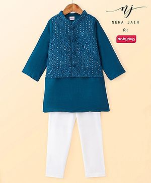 Babyhug Woven Full Sleeves Solid Colour Kurta Pyjama Set with Sequined Embroidered Nehru Jacket - Teal Blue
