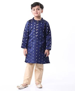 Babyhug Lurex Woven Full Sleeves Dobby Kurta Payjama Set with Floral Foil Print -  Navy Blue