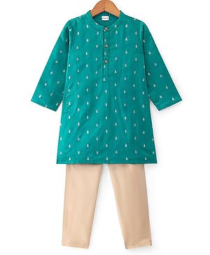 Babyhug Lurex Woven Full Sleeves Dobby Kurta Payjama Set with Floral Foil Print -  Green