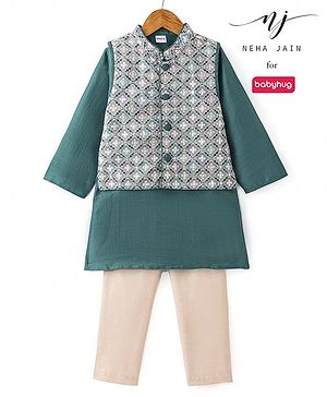 Babyhug Woven Full Sleeves Solid Colour Kurta Pyjama Set with Embroidered Nehru Jacket - Green