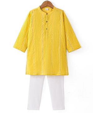 Babyhug Woven  Full Sleeves Pintucked Kurta with Gotta Patti Emblishment & Pyjama Set- Yellow