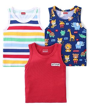 Babyhug 100% Cotton Knit Sleeveless Sando With Animal Print Pack of 3- Multicolor
