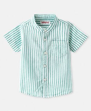 Babyhug Cotton Woven Half Sleeves Mandarin Collar Striped Shirt - Green