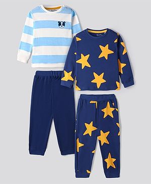 Bonfino 100% Cotton Knit Full Sleeves Striped & Star Printed Night Suits Pack of 2 - Navy Blue & White