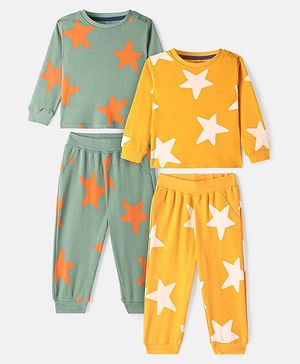 Bonfino 100% Cotton Knit Full Sleeves T-Shirts & Joggers Co-Ord Set With Star Print Pack Of 2 - Yellow & Green