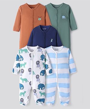 Bonfino 100% Cotton Knit Full Sleeves Footed Front Open Sleepsuits with Solid Striped & Animal Print Pack of 5 - White Brown & Green