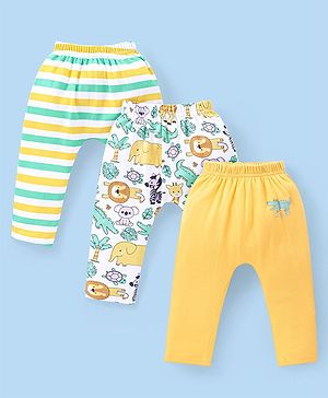Babyhug Interlock Knit Full Length Diaper Leggings with Striped & Lion Print  Pack of 3 - Yellow White & Green