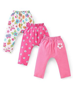 Babyhug Cotton  Knit Full Length  Diaper Legging Floral Print Pack Of 3 - Pink & White