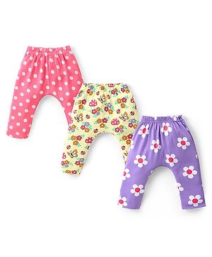 Babyhug Interlock Cotton Knit Full Length Diaper Leggings with Floral & Polka Dots Print Pack of 3 - Multicolour