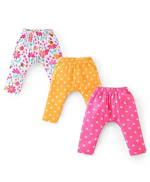 Babyhug Interlock Knit Full Length Diaper Leggings with Floral & Polka Dots Print Pack of 3 - Yellow Pink & White