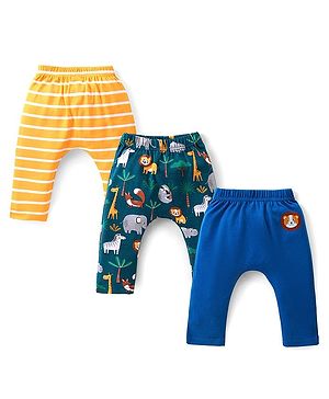 Babyhug Cotton Interlock Full Length Diaper Leggings with Striped & Animal Print Pack of 3 - Multicolor