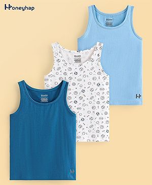 Honeyhap Premium Cotton Elastane Single Jersey Sleeveless Balls Printed Vests with Bio Finish Pack Of 3 - Mykonos Blue  Baltic Sea Blue & Bright White