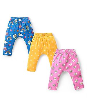 Babyhug Interlock Cotton Knit Full Length Diaper Leggings with Floral & Polka Dots Print Pack of 3 - Multicolour