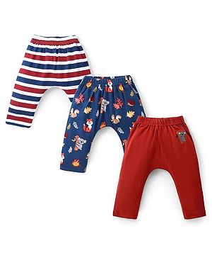 Babyhug Interlock Cotton Knit Full Length Striped  Diaper Leggings with Animal Print Pack of 3 - Multicolour
