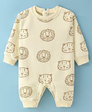 Little Kangaroos Fleece Knit Full Sleeves Winter Wear Romper with Lion & Tiger Print - Beige