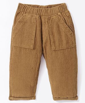 Little Kangaroos 100% Cotton Woven Full Length Trouser Pant Solid Colour with Bear Patch - Khaki