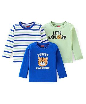 Babyhug Cotton Knit   Full Sleeves T-Shirt With Animal & Text Graphics Pack of 3 - Royal Blue & Green