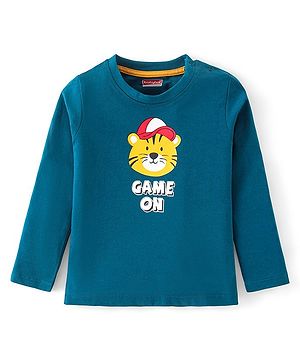 Babyhug Cotton Knit Full Sleeves T-Shirt with Tiger Print - Teal