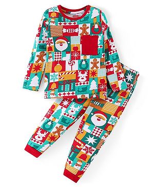 Babyhug Cotton Knit Full Sleeves Night Suit With Christmas Theme Print - Multicolour