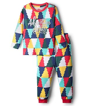 Babyhug Cotton Knit Full Sleeves Night Suit With Pine Trees & Text Print - Multicolor