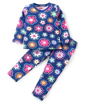 Babyhug Cotton Knit Full Sleeves Night Suit with Floral Print - White & Blue