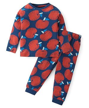 Babyhug Cotton Knit Full Sleeves Night Suit With Apples Print - Red & Navy