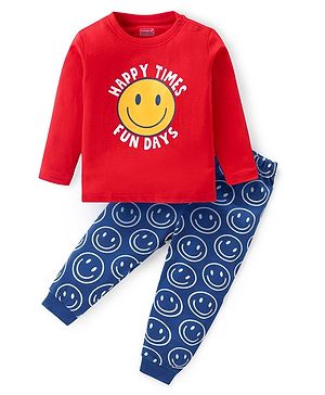 Babyhug Cotton Knit Full Sleeves Night Suit with Smiley & Text Print - Red & Navy Blue
