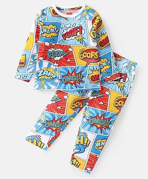 Babyhug Cotton Knit Full Sleeves Night Suit with Text Print - Multicolor