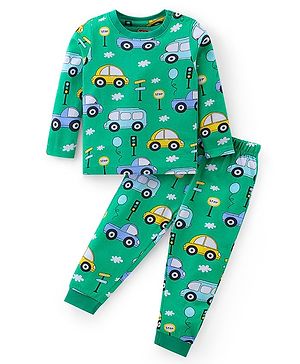 Babyhug Cotton Knit Full Sleeves Night Suit With Cars Print - Green