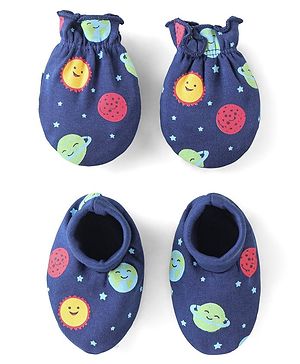 Babyhug 100% Cotton Knit Mitten & Booties With Star Print - Navy Blue