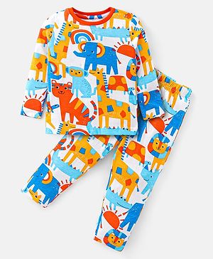Babyhug Cotton Knit Full Sleeves Night Suit with Wild Animals Print - Multicolour