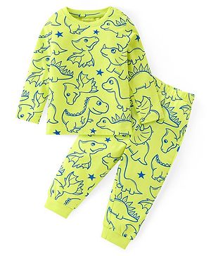 Babyhug Cotton Knit Full Sleeves Night Suit With Dino Print - Limegreen