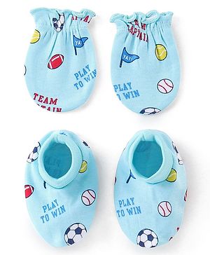 Babyhug 100% Cotton Interlock Knit  Mittens & Booties with Ball Print - Sky Blue