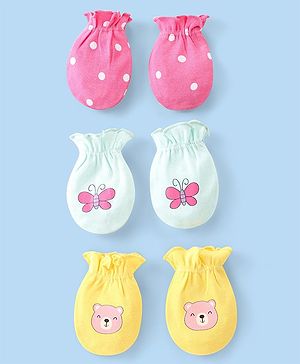 Babyhug 100% Cotton Knit Bear & Polka Dots Printed Mittens Pack of 3 - Green Yellow & Pink