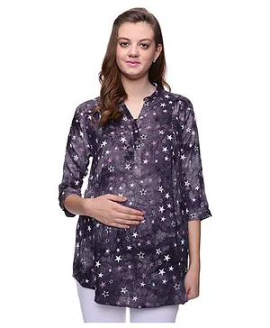 Mamma's Maternity Three Fourth Sleeves Nursing Top Star Print - Purple