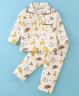 Little Darlings Cotton Knit Full Sleeves Night Suit With Animals Print - Cream