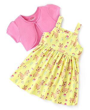Babyhug Single Jersey Knit Floral Print Frock with Half Sleeves Shrug - Yellow & Pink