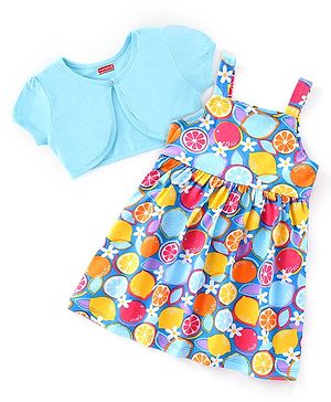 Babyhug Single Jersey Knit Floral & Fruits Printed Frock With Half Sleeves Shrug - Multicolor
