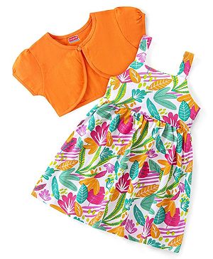 Babhyhug Single Jersey Knit Floral Printed Frock with Half Sleeves Solid Shrug - Orange